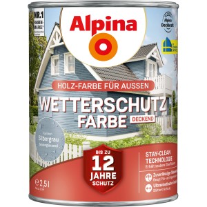 Alpina Wetterschutzfarbe Silbergrau, 2,5 l, für Fassaden, Gartenhäuser und Zäune.