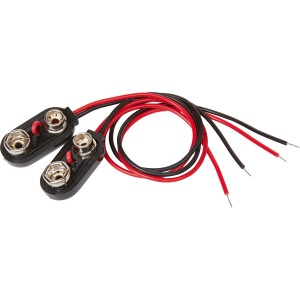 Zwei Batterieclips für 9V Blockbatterien mit rot-schwarzen Anschlusskabeln.