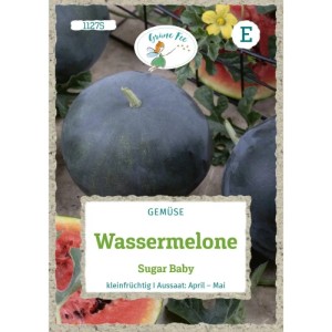 Grüne Fee Wassermelone Sugar Baby Saatgut Packung mit dunkelgrüner Melone, rotem Fruchtfleisch und gelber Blüte.