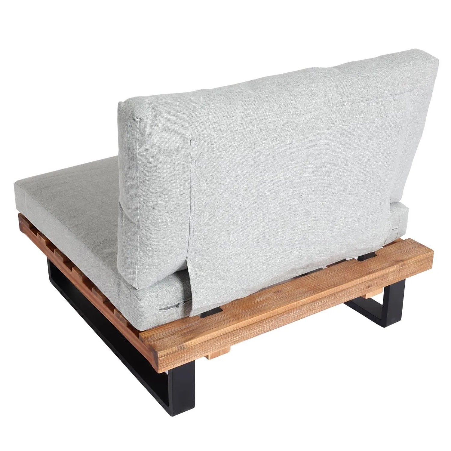 MCW Lounge-Sessel H54 mit hellbraunem Akazienholzgestell und dicken hellgrauen Polstern für Garten.