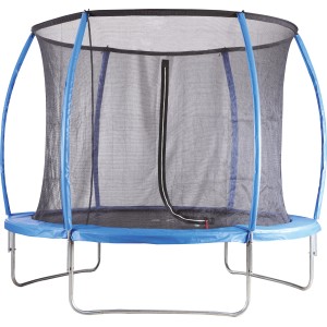 Blaues Gartentrampolin Tupelo, rund, Ø 305 cm, mit Sicherheitsnetz und gebogenen Stäben.