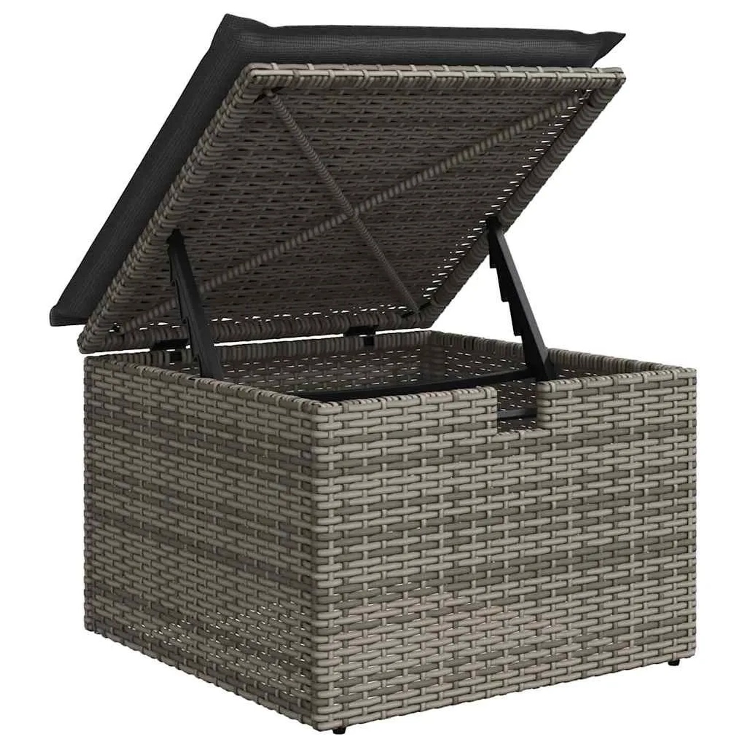 Grauer Gartenmöbel-Hocker aus Rattan mit Stauraum und geöffnetem Deckel mit Kissen.