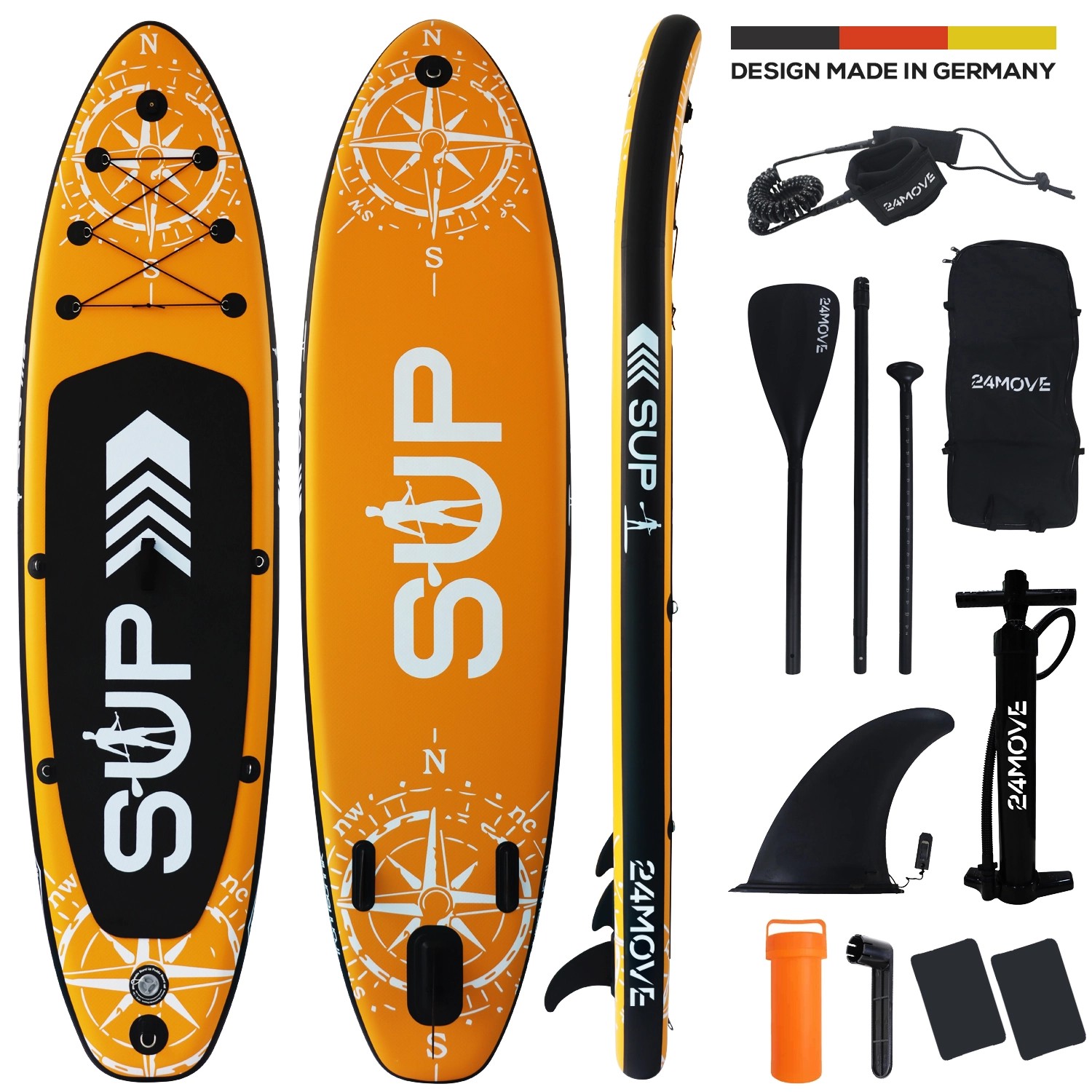 24MOVE Standup Paddle Board SUP- inkl. umfangreichem Zubehör - Orange - 320 x 80 x 15cm