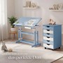 Blauer Tectake Schreibtisch mit Rollcontainer und 6 Schubladen im Kinderzimmer.