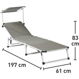Graue Sonnenliege mit Sonnendach, Aluminiumrahmen und Textilbezug. Ideal für Garten und Balkon.