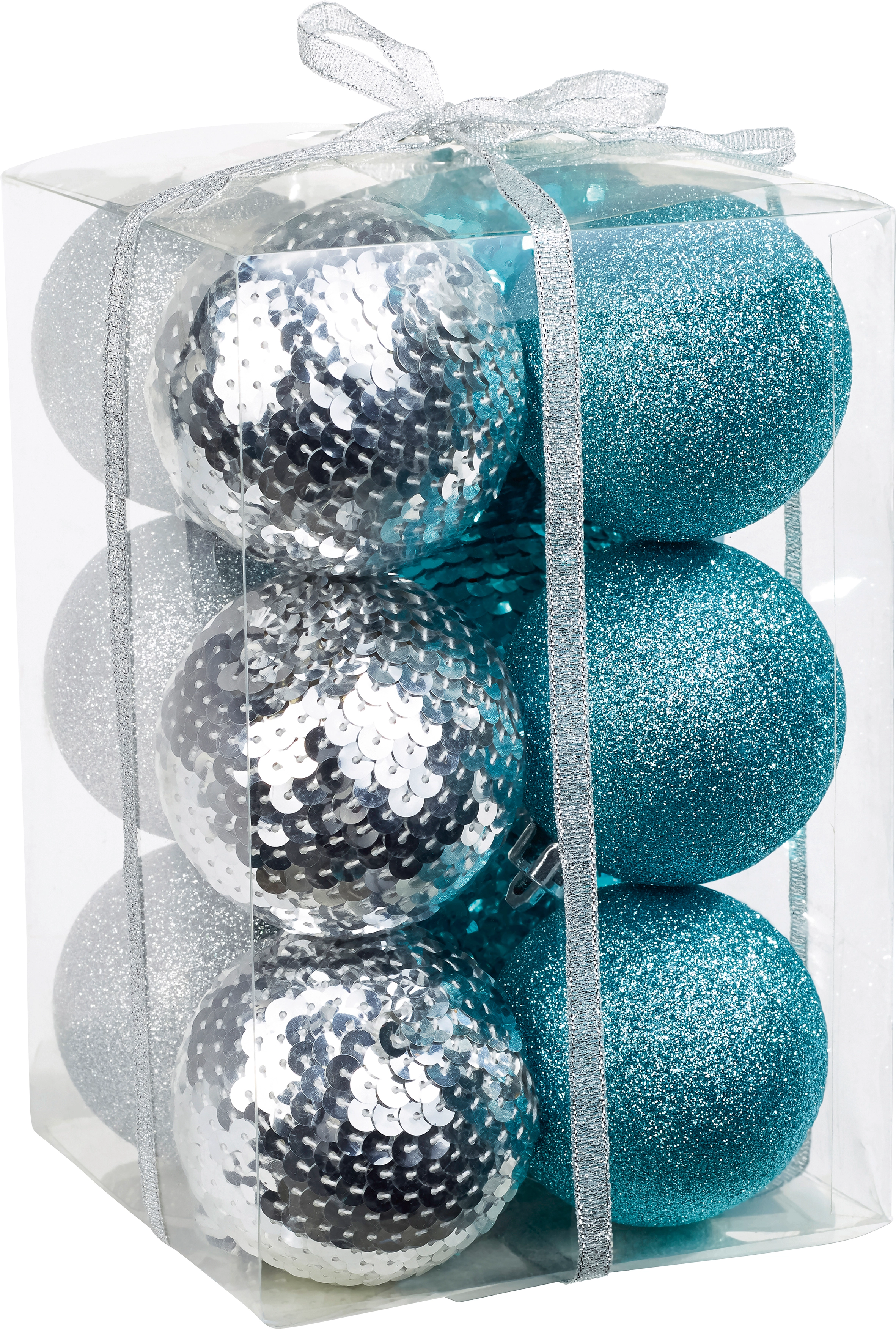 Coole blau-weiße deko-weihnachtskugeln mit glitzer- und silberelementen