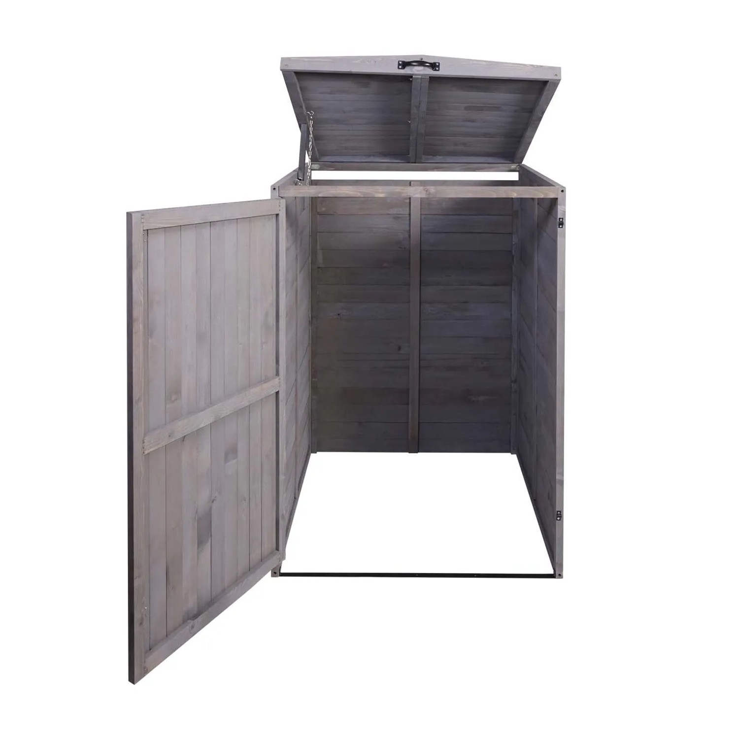 Anthrazit-graue Proregal XL Mülltonnenbox aus gebeiztem Tannenholz, Tür und Deckel geöffnet, für 1-2 Tonnen.