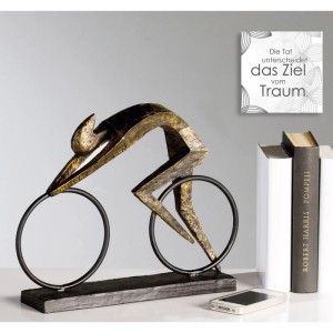 Gilde Skulptur Racer, bronzefarbener Radfahrer aus Kunstharz/Metall auf schwarzem Sockel. Dekorative Figur 28,5x36 cm.