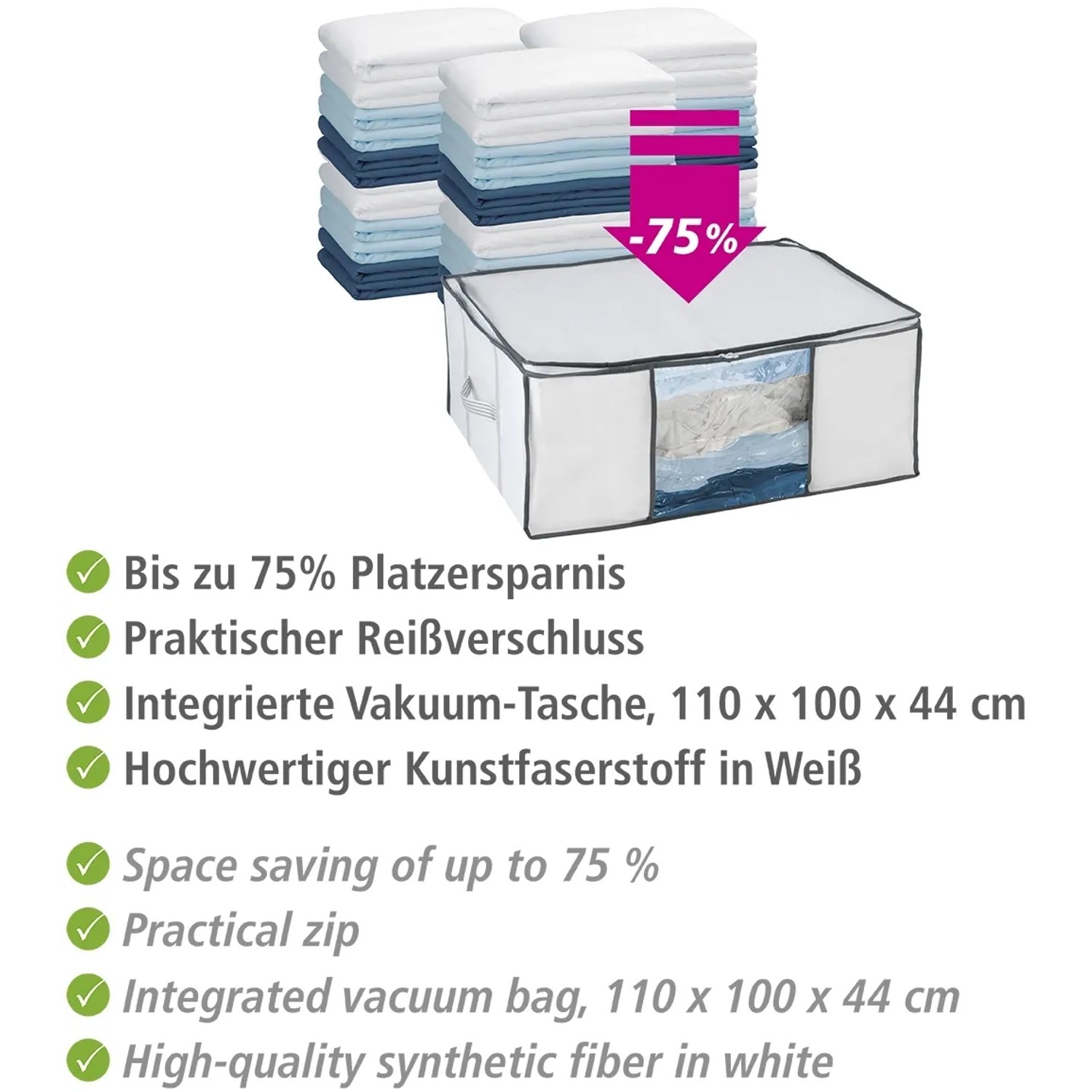 Wenko Vakuum Soft Box L, weiße Textilbox mit Vakuumbeutel für platzsparende Aufbewahrung.