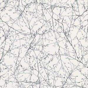 Tadessi Vliestapete Meo: Weiße Tapete mit schwarzem Äste-Muster für Wohnräume.