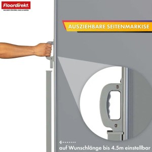Hand zieht hellgraue Floordirekt Alu-Seitenmarkise aus. Ausziehbarer Sichtschutz für Balkon & Terrasse, bis 4,5m.