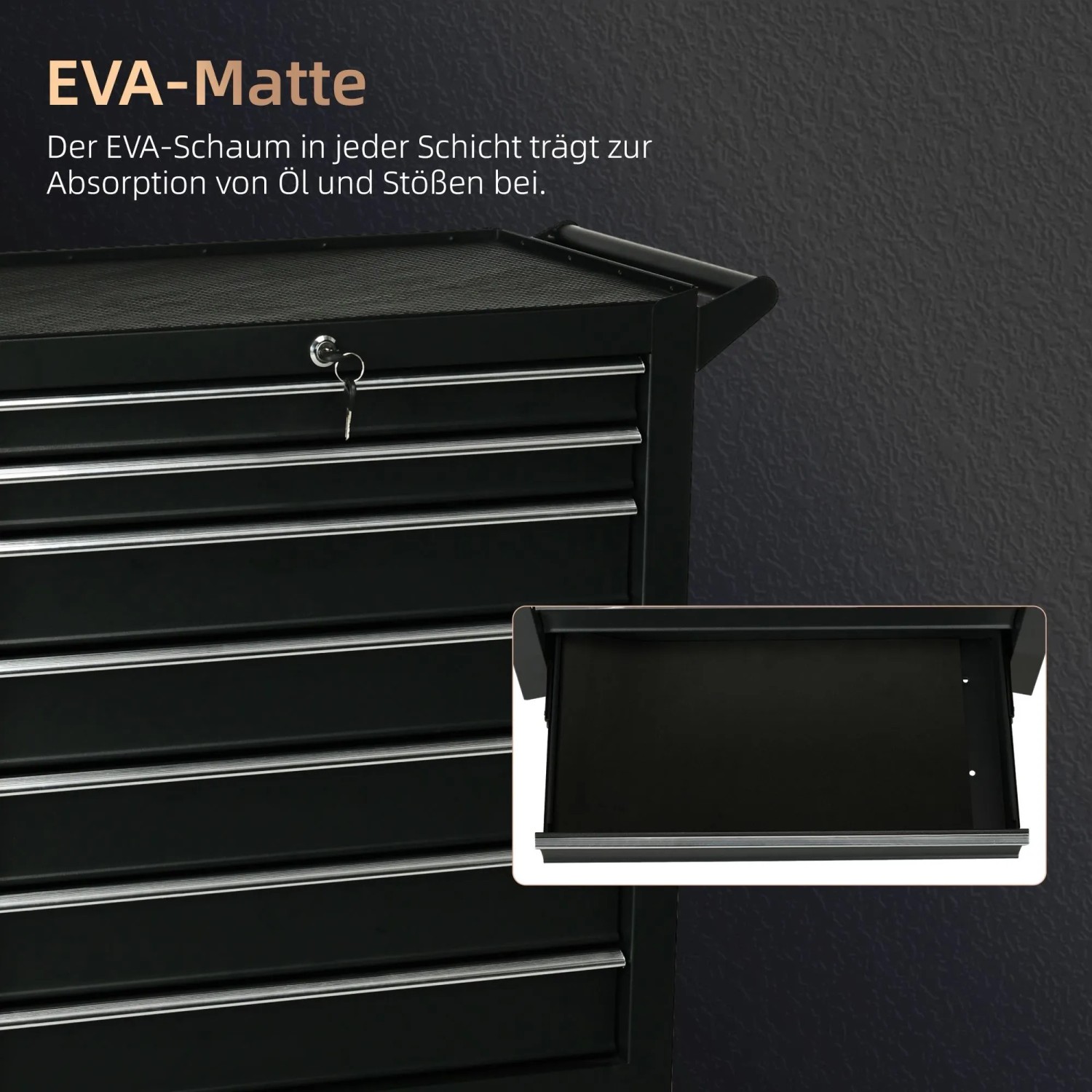 Detailansicht der EVA-Matte in einer Schublade der schwarzen DURHAND Werkzeugkiste. Schützt Werkzeuge vor Öl & Stößen.