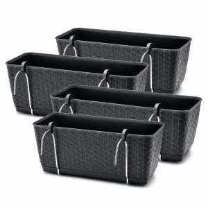 BigDean 4er Set Blumenkästen für Balkon-Geländer Rattan Optik Anthrazit Balkonkästen mit Metall Halterung und Bewässerungssystem