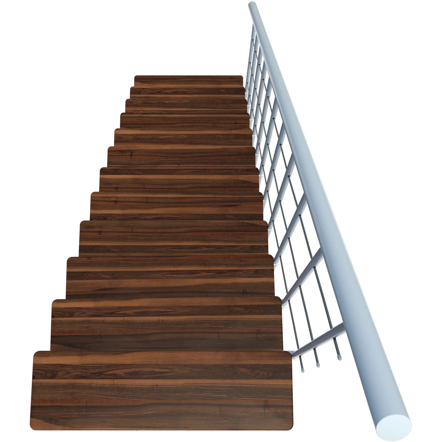 Minka Mittelholmtreppe Comfort Top, Walnussfarbene Holzstufen, weißes Geländer. Raumspartreppe für Innen.