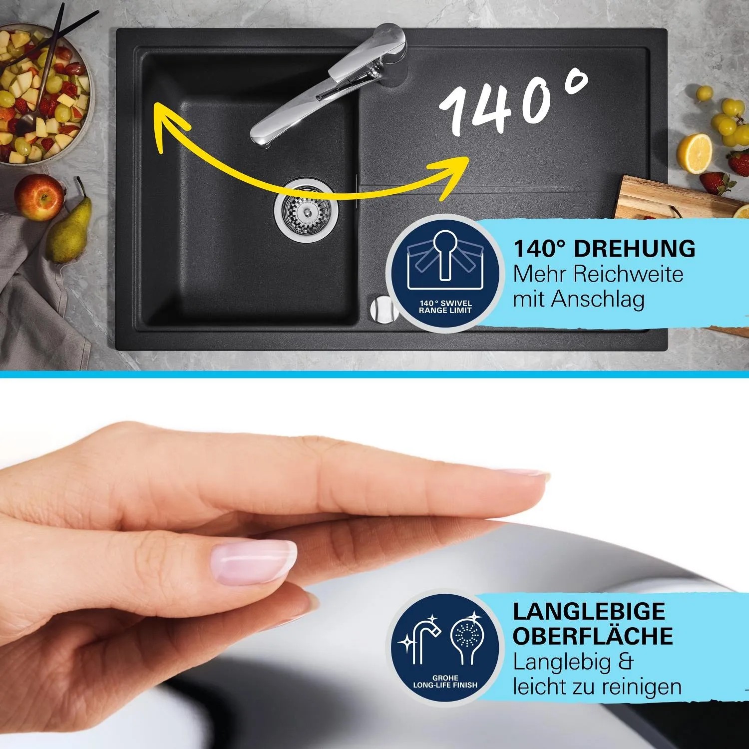 Grohe QuickFix Spültischarmatur Start Supersteel mit niedrigem Auslauf und schwenkbarem Auslauf.