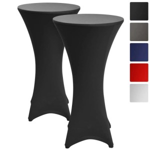 Zwei schwarze Beautissu Stella Stehtischhussen, ø 70 cm, aus Stretchstoff. Elegantes Design, optimale Passform für Events.