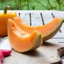 Saftige Zuckermelone Charentais Scheiben mit orangenem Fruchtfleisch auf Holzbrett. Ideal für Gemüsesamen.