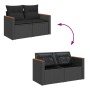 5-tlg. Garten-Sofagarnitur aus Poly Rattan in Schwarz mit Akazienholz-Akzenten und Kissen.