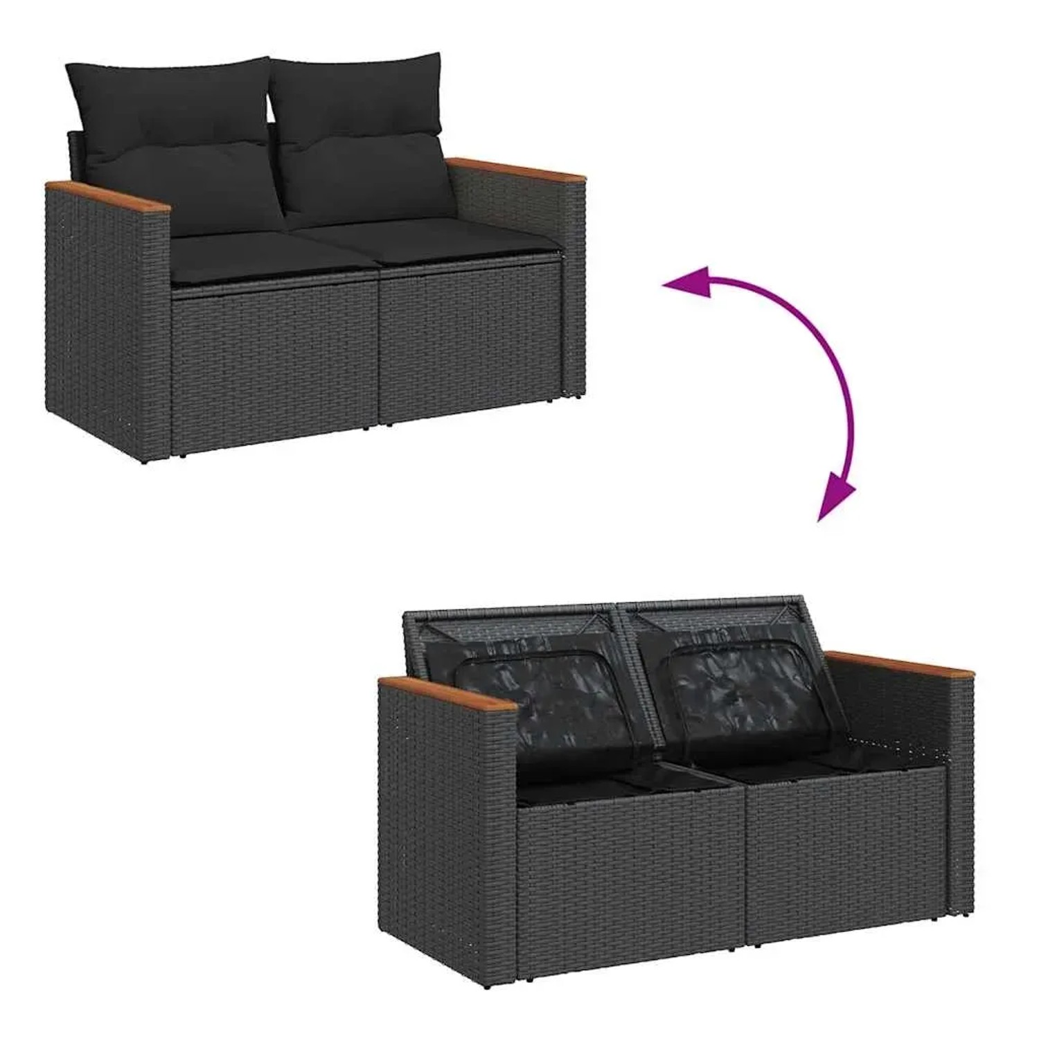 5-tlg. Garten-Sofagarnitur aus Poly Rattan in Schwarz mit Akazienholz-Akzenten und Kissen.
