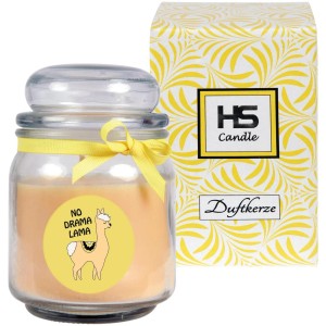 Gelbe HS Candle Duftkerze im Bonbonglas mit Vanilleduft und Lama-Motiv.