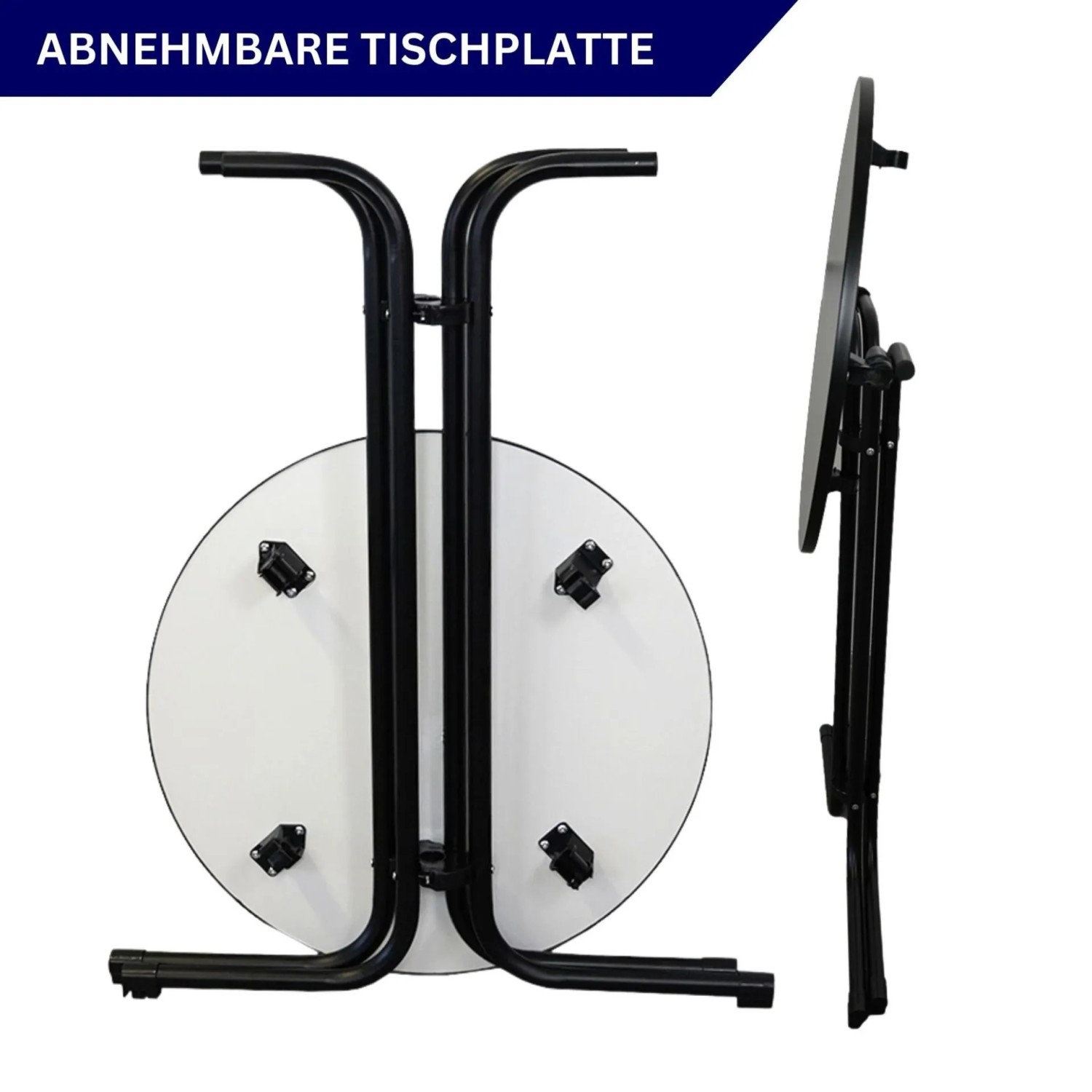 Chefgastro Stehtisch, klappbar, mit schwarzer Husse. Bistrotisch mit runder MDF-Platte und Stahlgestell.