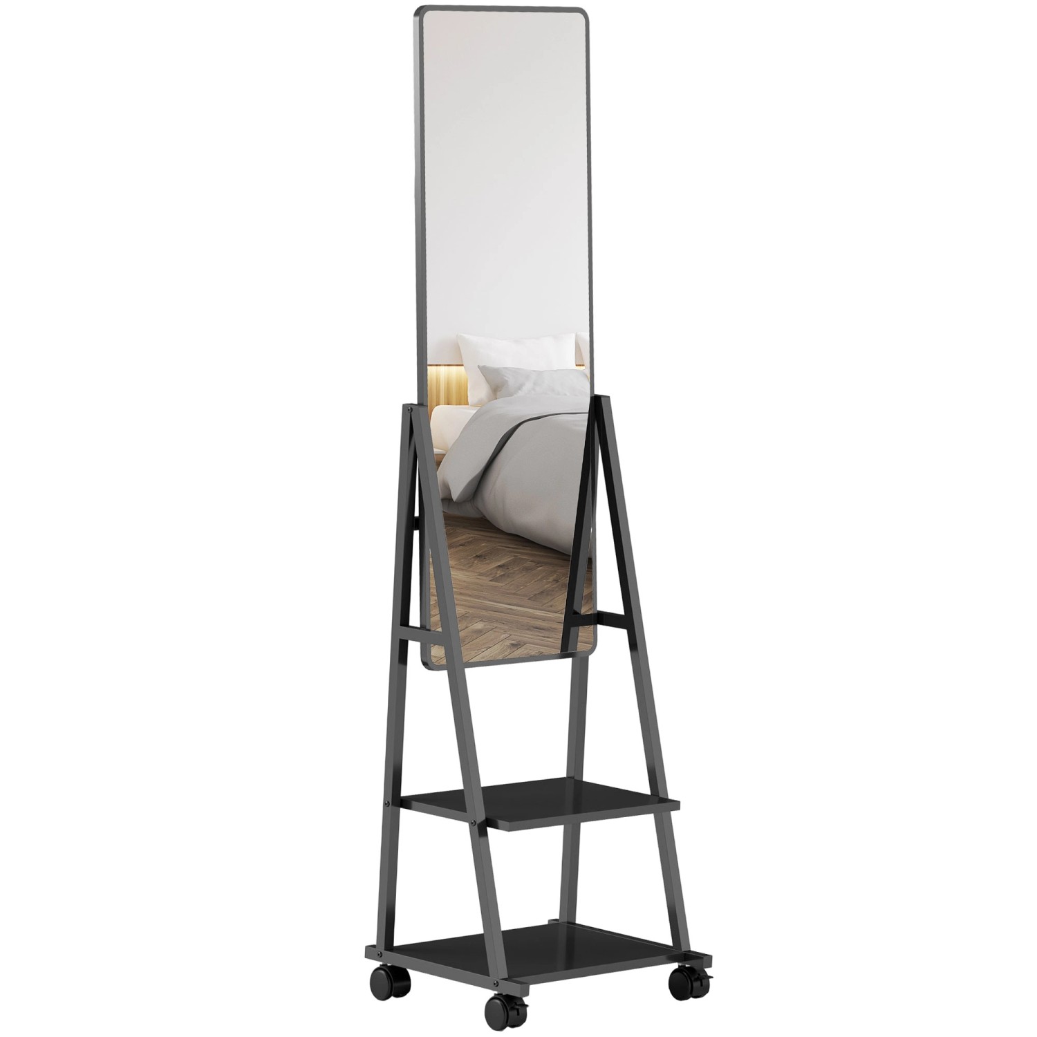 HOMCOM Ganzkörperspiegel Stahl Spanplatte Schwarz 42L x 37B x 155H cm