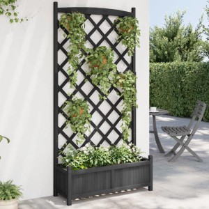 Schwarzer vidaXL Pflanzkübel mit Spalier aus Tannenholz, bepflanzt mit Blumen und Rankpflanzen.