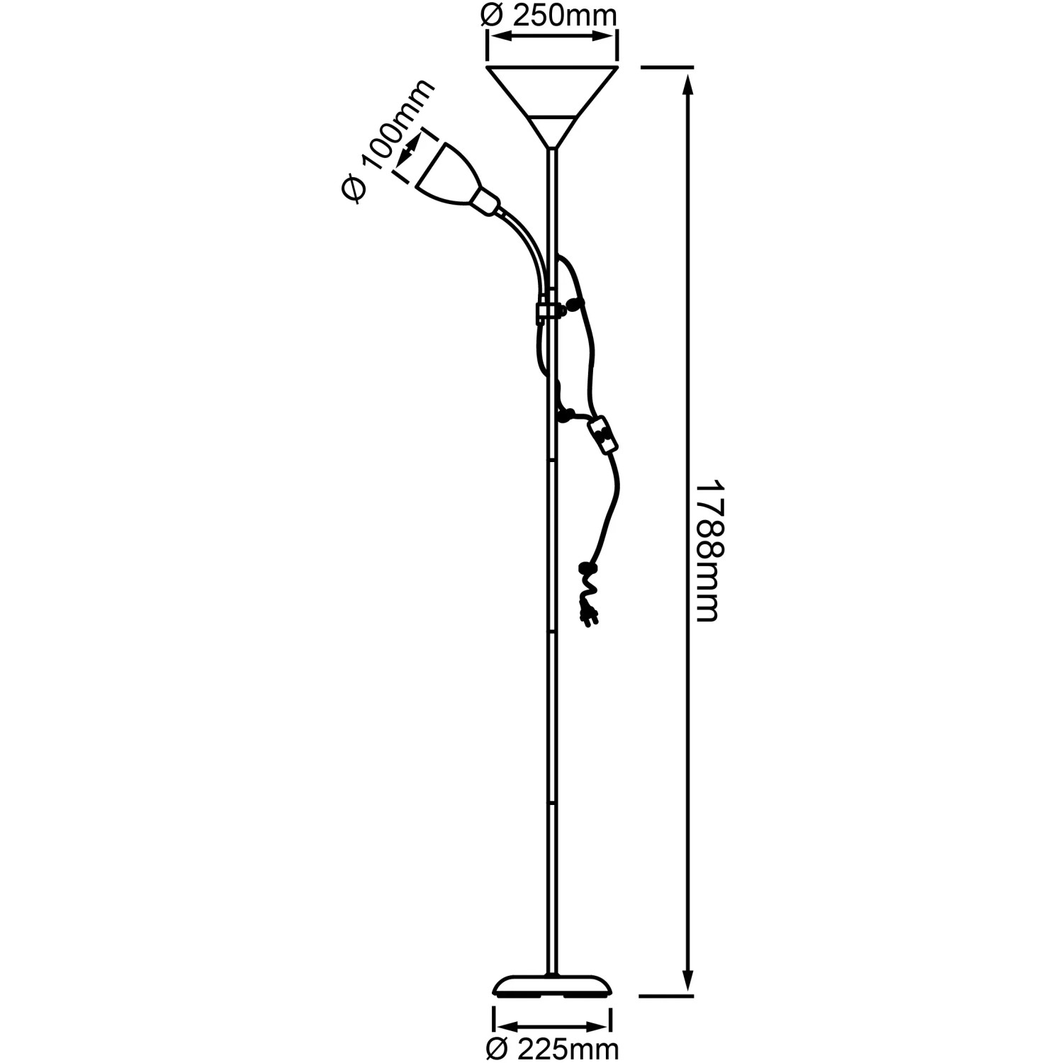 LED-Deckenfluter Spari mit Lesearm, silber-weiß, Maße: Höhe 1788mm, Durchmesser Deckenfluter 250mm, Durchmesser Lesearm 100mm
