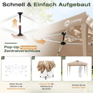 Sekey Faltpavillon 3x3 m, beige. Schneller Aufbau mit patentiertem Pop-Up Zentralverschluss. Ideal für Sonnenschutz.