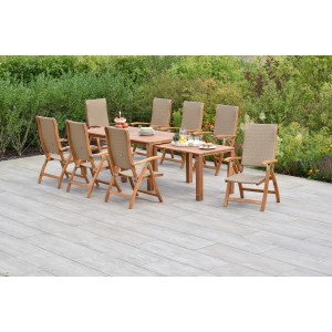 Merxx Capri 9-tlg. Gartenmöbel-Set mit Ausziehtisch (180/370 cm) und 8 Klappsesseln aus Akazie/Kunststoffgeflecht.