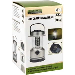 Calima LED Campinglaterne, 12,5x12,5x21cm, in Verpackung mit Produktinformationen.