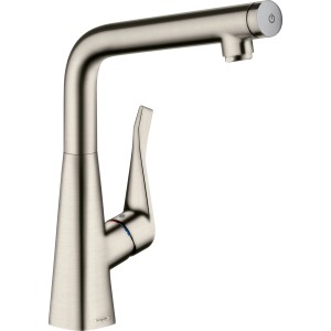 Hansgrohe Metris Select 320 Küchenarmatur, Einhebelmischer in Edelstahl-Optik mit hohem Auslauf und Select-Knopf.