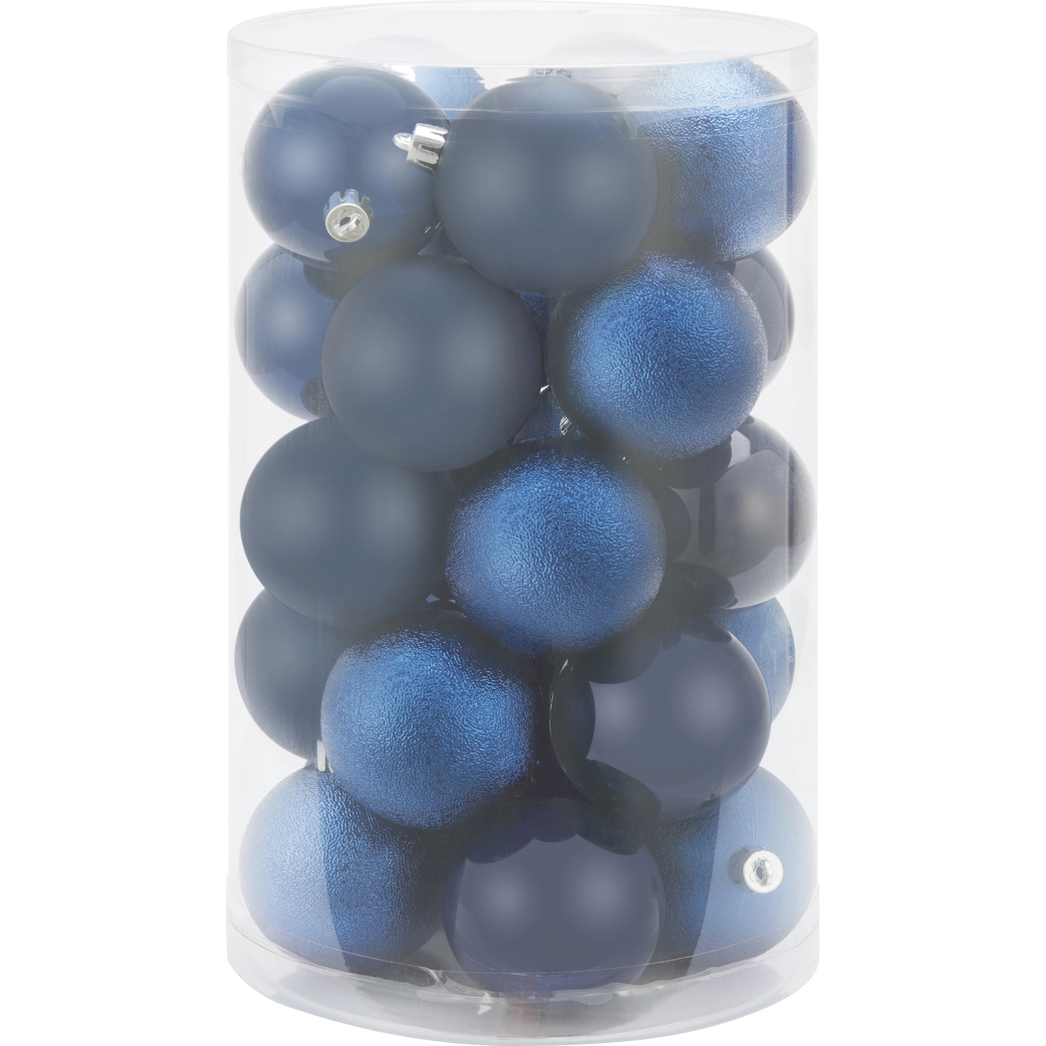 25 blaue Weihnachtskugeln (Ø 6cm) mit matter, glänzender und glitzernder Oberfläche im Set.