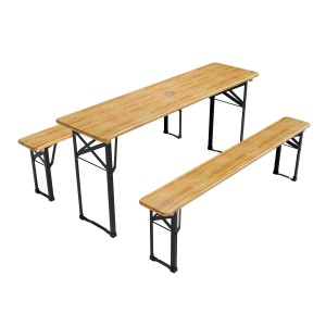 Juskys Bierzeltgarnitur Bichl, 3-teilig mit Tisch, zwei Bänken und Tannenholzoberfläche.