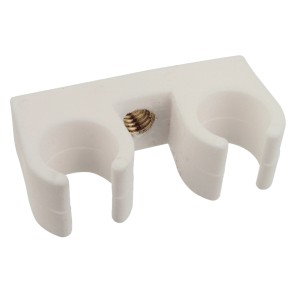 Weißer Kirchhoff Doppel-Rohrclip Ø 15 mm mit M6 Gewindehülse für zwei Rohre.