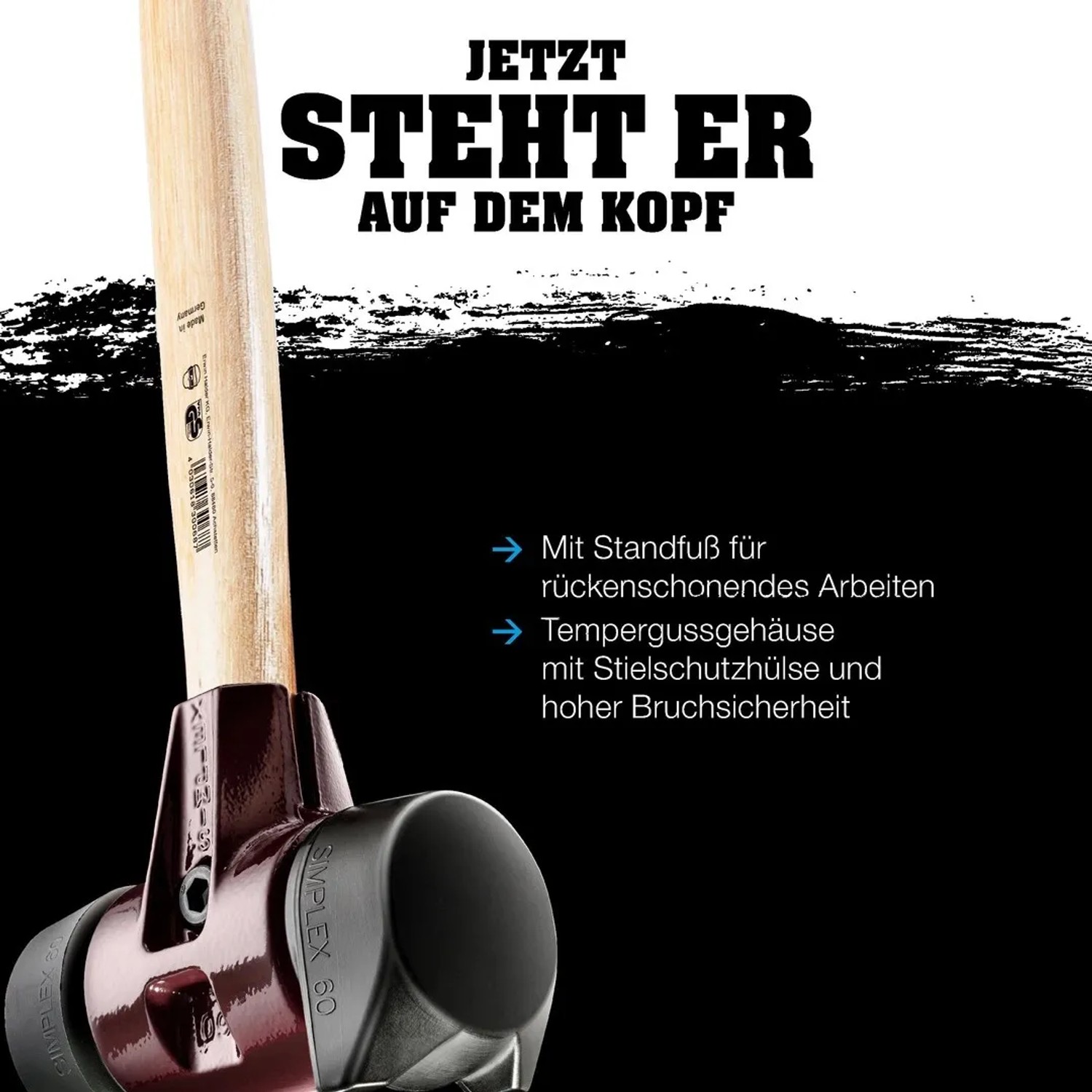 Halder Simplex Vorschlaghammer Ø 80 mm mit Gummi-Standfuß und Tempergussgehäuse. Für rückenschonendes Arbeiten.