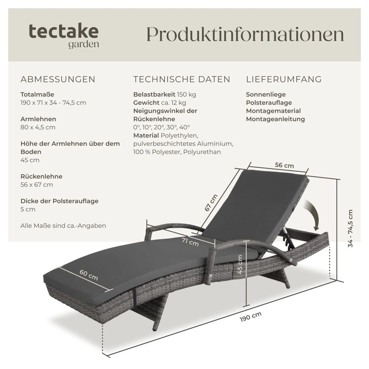 Tectake Aluminium Rattan Sonnenliege Océane Wetterfest und Uv Beständig 5 Fach Verstellbare Rückenlehne 190 x 71 x 74 50 cm Grau_6