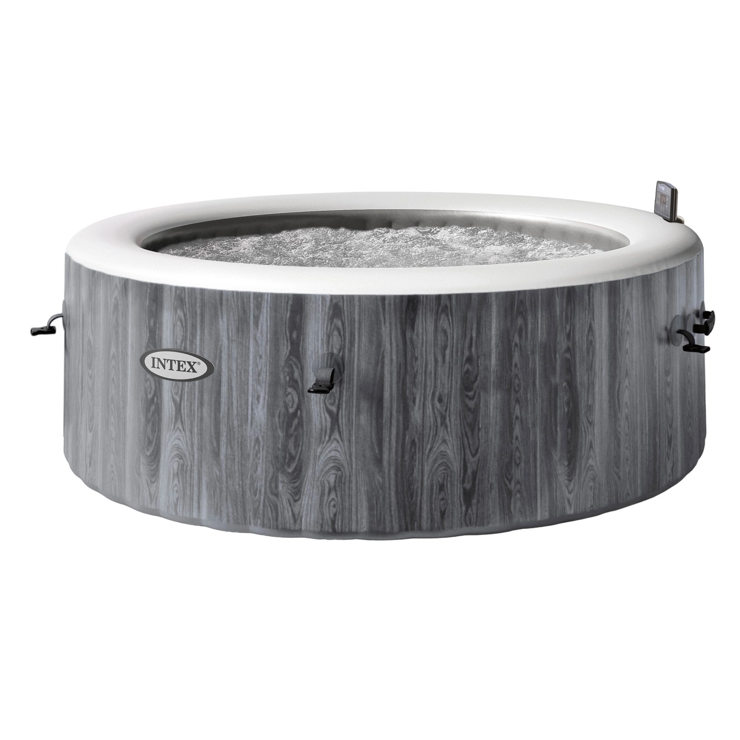 Intex PureSpa Greywood Deluxe aufblasbarer Whirlpool, Ø 196 cm, mit Luftdüsen und abnehmbarer Steuerung.