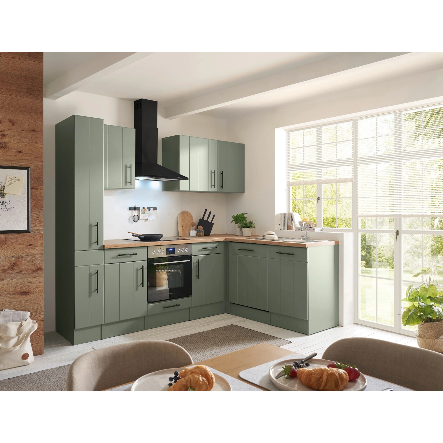 Respekta Winkelküche Anton Landhaus Schilfgrün 250 cm mit Einbau Herd-Set