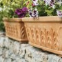 Blumentopf Mailand, Terrakotta Optik, 70 cm, mit Pflanzen auf einer Mauer.