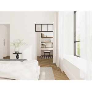 Schwarzes Vente-unique Bayview Oberlicht aus Aluminium, 93 cm, im Industrial-Stil, über einem Durchgang montiert.