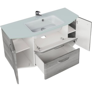 Pelipal Waschplatz Quickset 328, Graphit Struktur quer, 112 cm mit Glaswaschtisch und offenem Unterschrank.