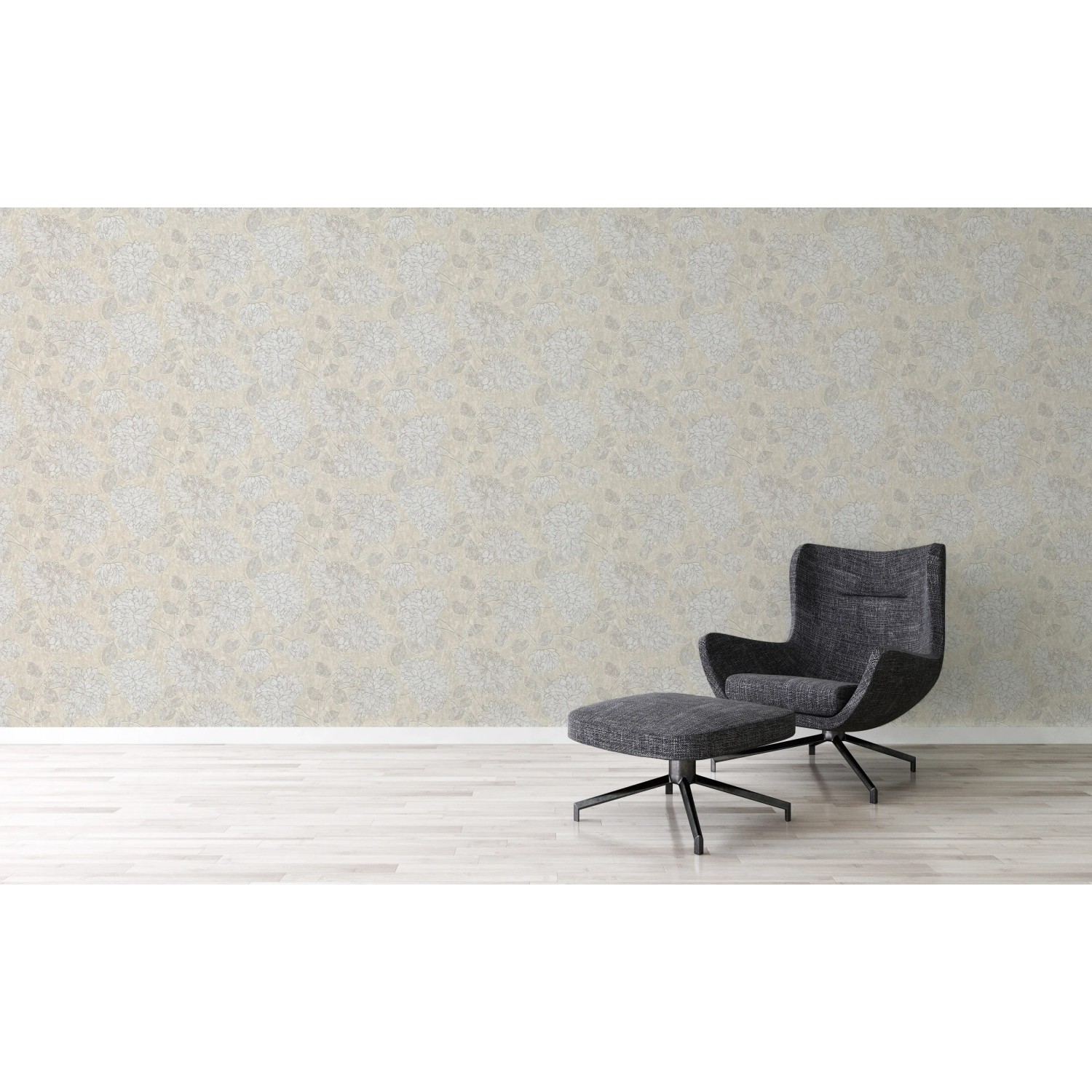 A.S. Création Vliestapete Blumen beige/weiß an Wand mit Sessel. Dekorative Tapete mit floralem Muster.