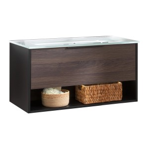 Fackelmann Waschtisch-Set B.Paris, Glasbecken, 90,5cm, Schwarz Matt-Rigoletto Eiche, mit offenem Fach.