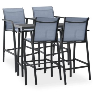 vidaXL Gartenbar-Set, 5-teilig, schwarz/grau. Bar-Tisch mit 4 Barhockern aus Stahl und Textilene.