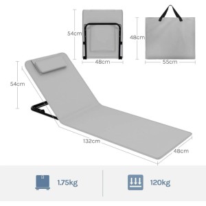 WOLTU Strandmatte 2er Set Strandliege mit Kopfkissen Klappbar Hellgrau