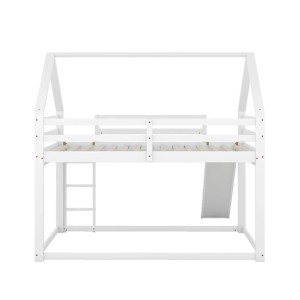 KOMHTOM Kinderbett 140x200Cm  Hausbett  Etagenbett Mit Rutsche Und Leiter  Doppelbett  Kiefernholz  Weiß