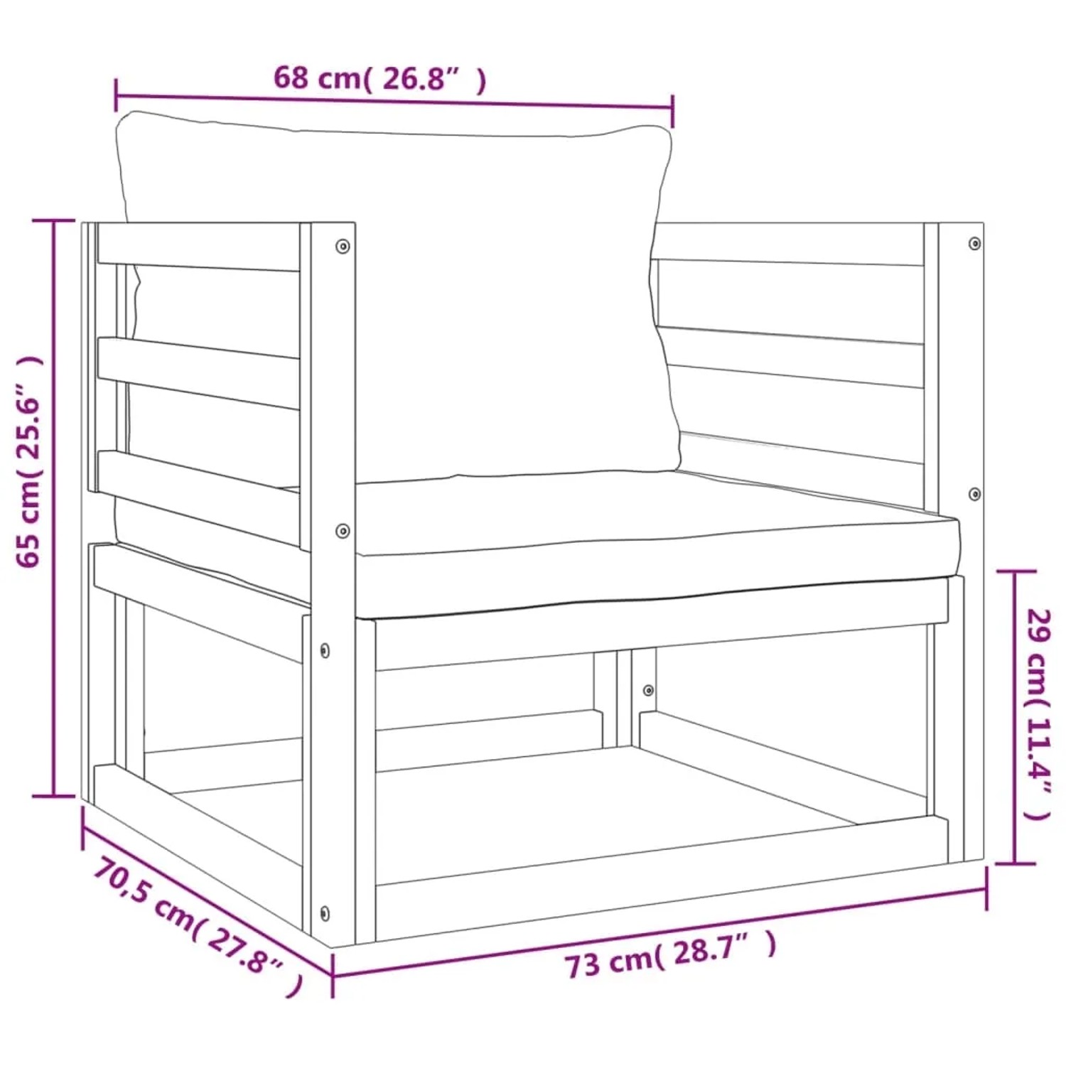 Skizze Gartenstuhl aus Akazienholz mit hellgrauen Kissen, Teil des vidaXL Lounge Sets