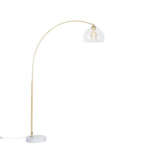Moderne Bogenlampe Arc aus Messing mit klarem Glasschirm und Marmorfuß. Innenleuchte für Wohnräume.