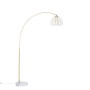 Moderne Bogenlampe Arc aus Messing mit klarem Glasschirm und Marmorfuß. Innenleuchte für Wohnräume.